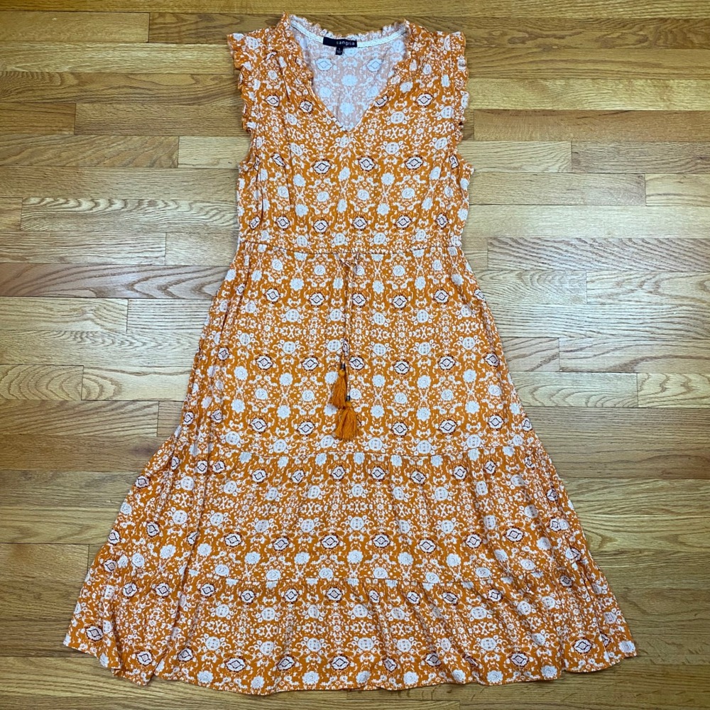 Sangria Sleeveless Midi Dress Women L Orange White Boho Peasant Festival Cottage